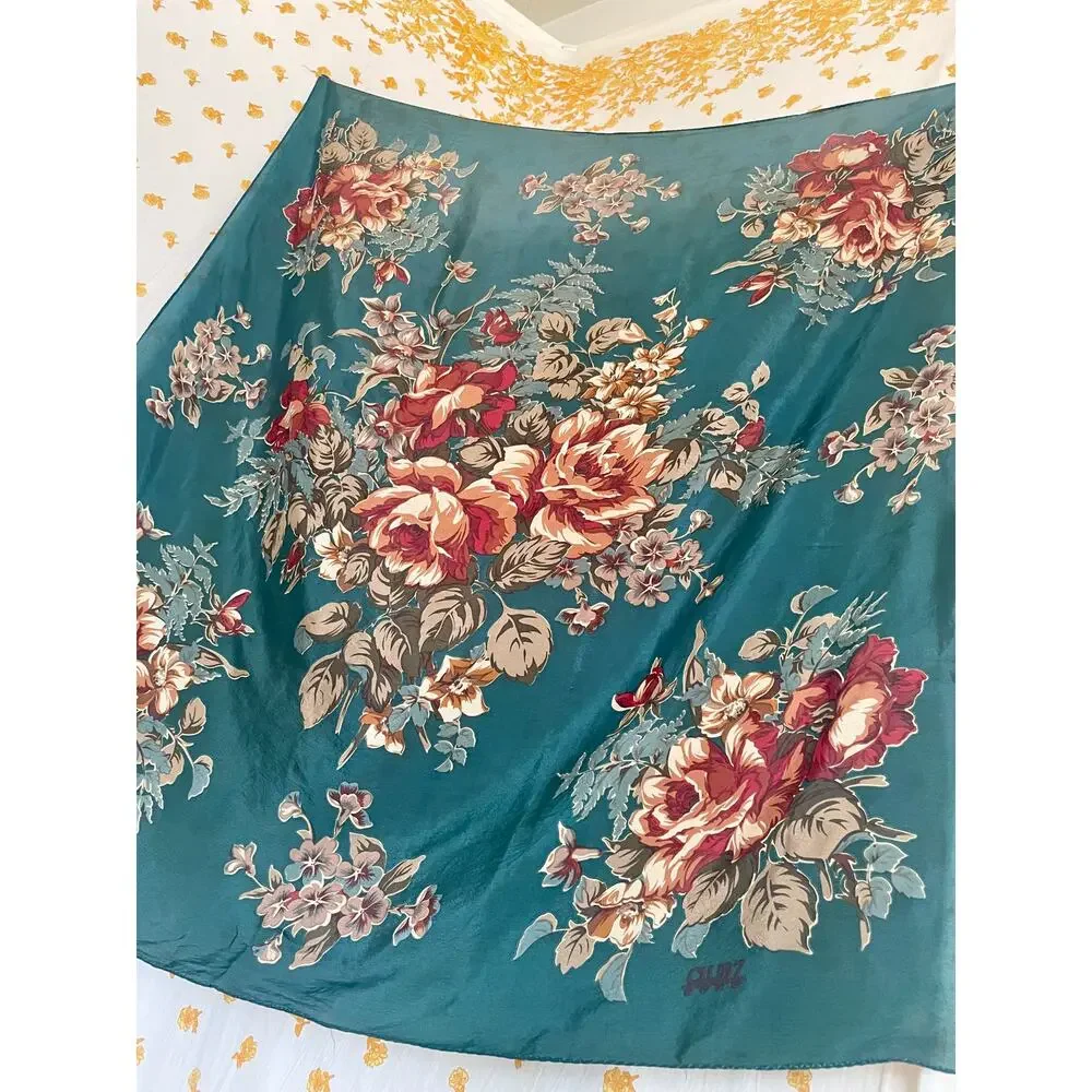 Vintage Club 7 Floral Scarf Emerald Green 30 Inch Square